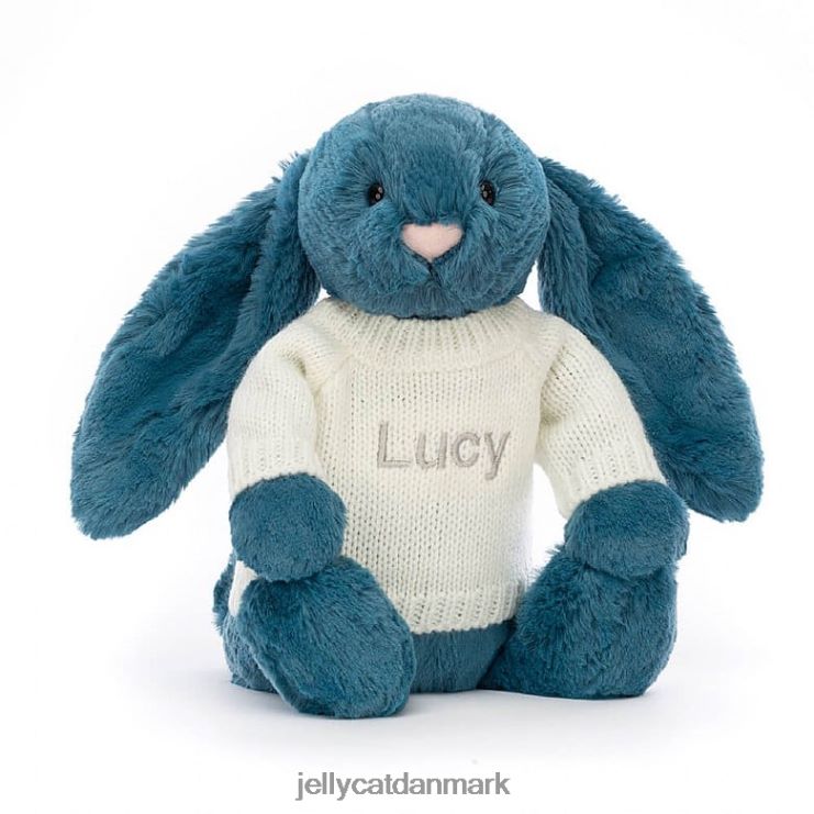 legetøj LHVJ00330 bashful mineralblå kanin med personlig cremetrøje kolbaltblå Jellycat