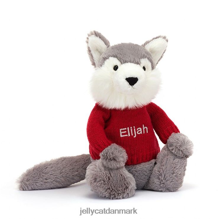 legetøj LHVJ00241 bashful ulv med personlig rød trøje grå og hvid Jellycat
