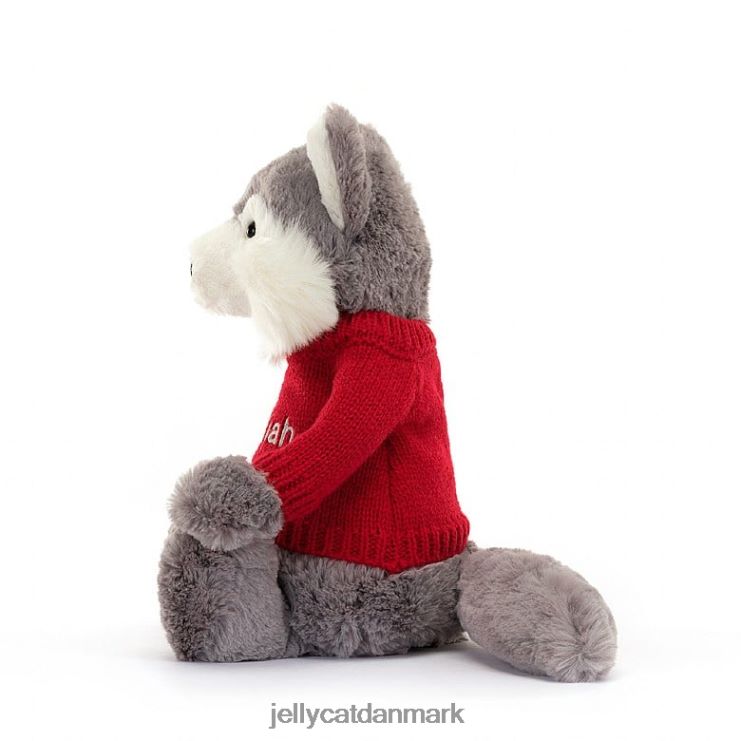 legetøj LHVJ00241 bashful ulv med personlig rød trøje grå og hvid Jellycat