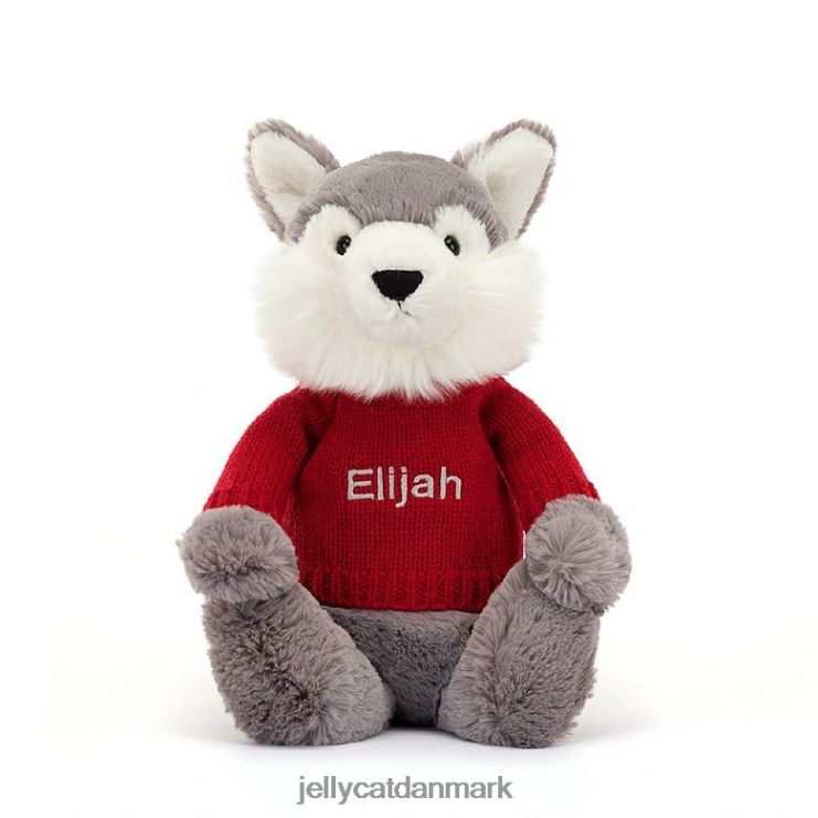 legetøj LHVJ00241 bashful ulv med personlig rød trøje grå og hvid Jellycat