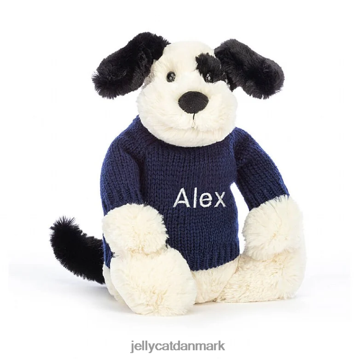 legetøj LHVJ00282 bashful sort & creme hvalp med personlig marineblå bluse sort og hvid Jellycat