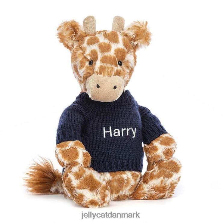 legetøj LHVJ00283 bashful giraf med personlig marineblå trøje orange Jellycat